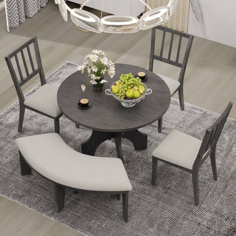 5 Piece Dining Table Set, 44" Round Dining Table with Curved Bench